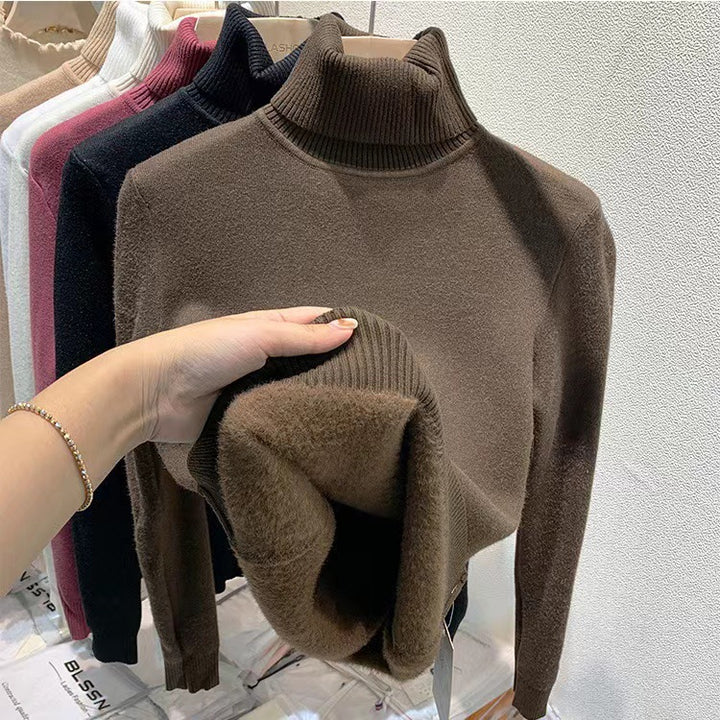 Padded women's turtleneck sweater, knitted, slim fit
