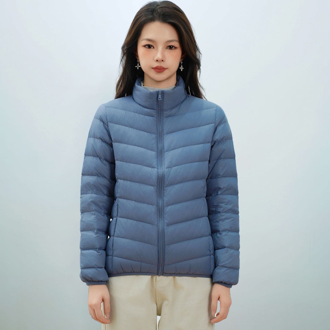 Light women's down jacket with stand-up collar