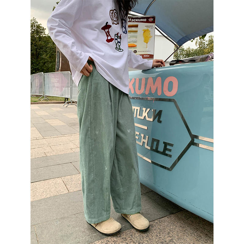 Cord pants with embroidery, 7/8 length