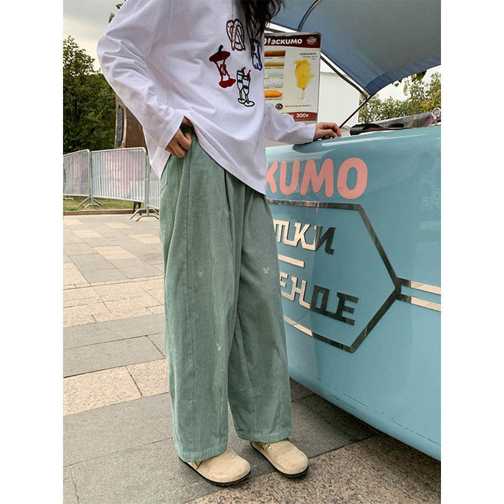 Cord pants with embroidery, 7/8 length
