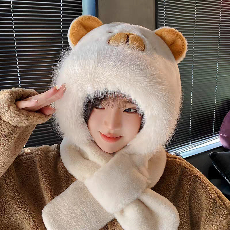 Plush hooded scarf with animal design, lined