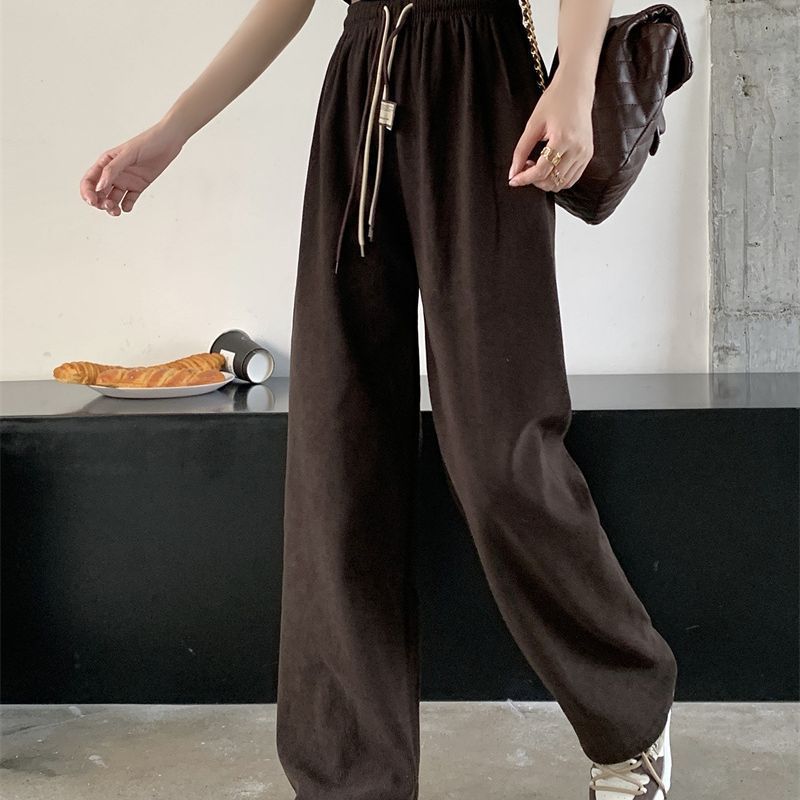 Cord Wide Pants with Drawstring and High Waist