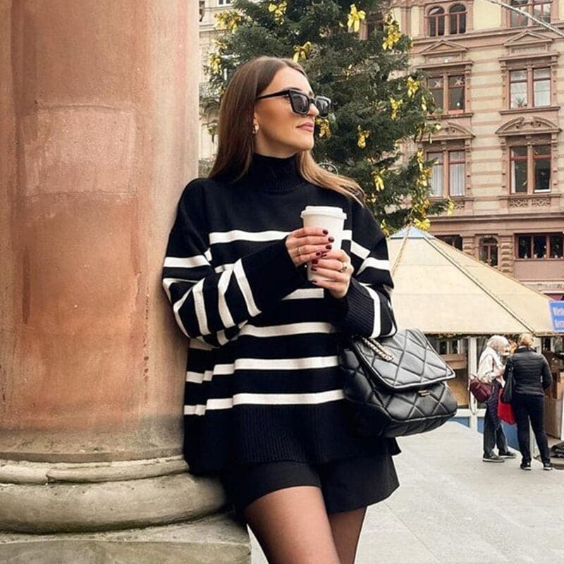 Lune London | Knit Sweater - Oversized Fit - High Collar - Soft Knitted Stripes