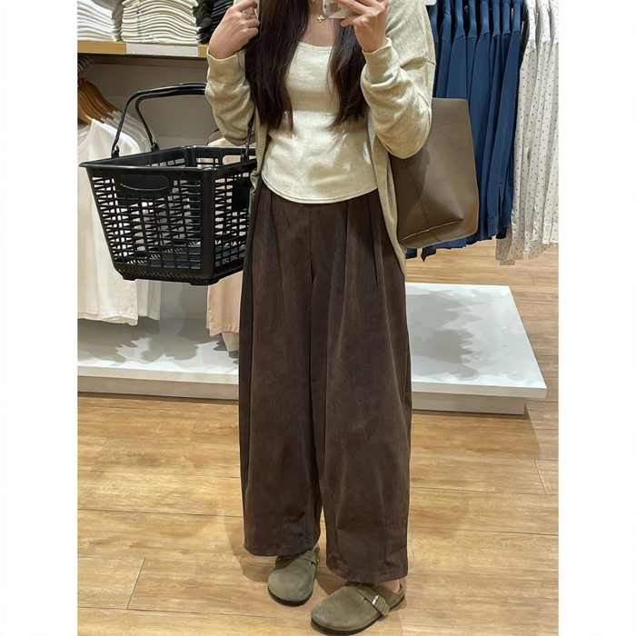 Women's corduroy trousers, plus sizes, lined, wide cut