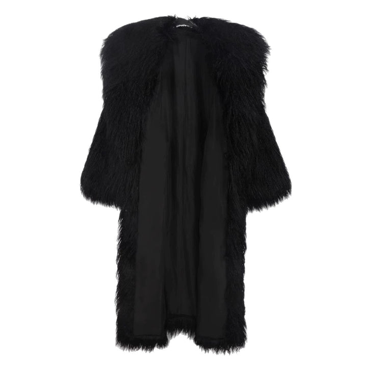 Long faux fur coat with tie belt and lapel collar