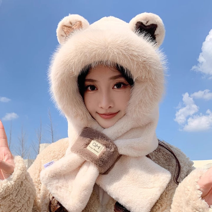 Women's Plush Hooded Scarf with Bear Design