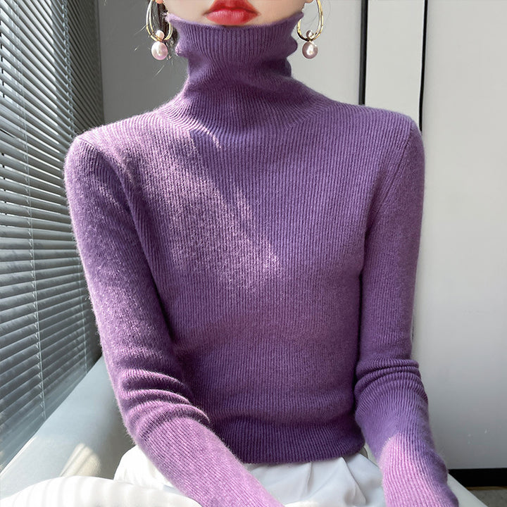 Women's knitted pullover with stand-up collar, fitted