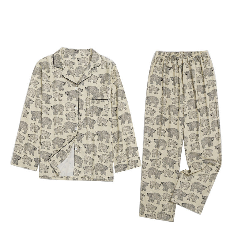 Bear Print Flannel Loungewear Set for Couples, Cotton