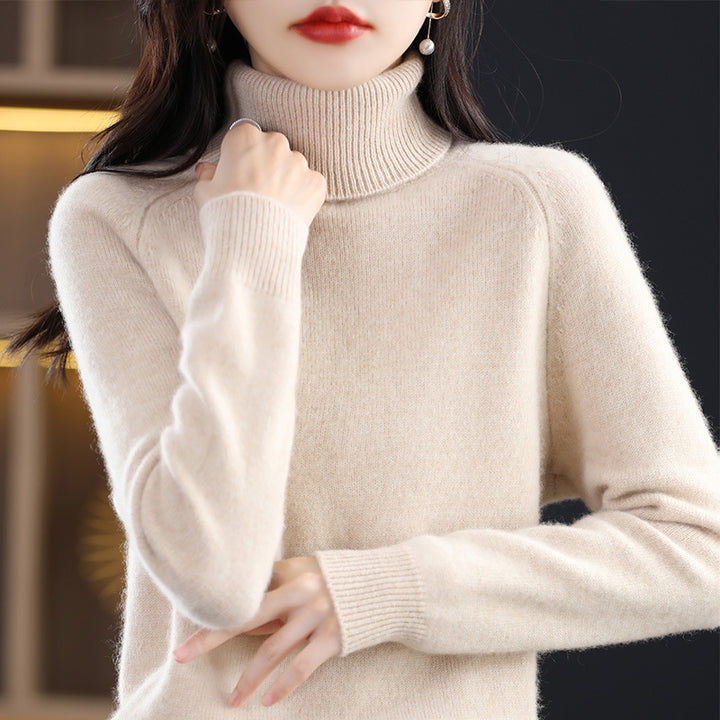Women's knit pullover with stand-up collar, loose and long-sleeved