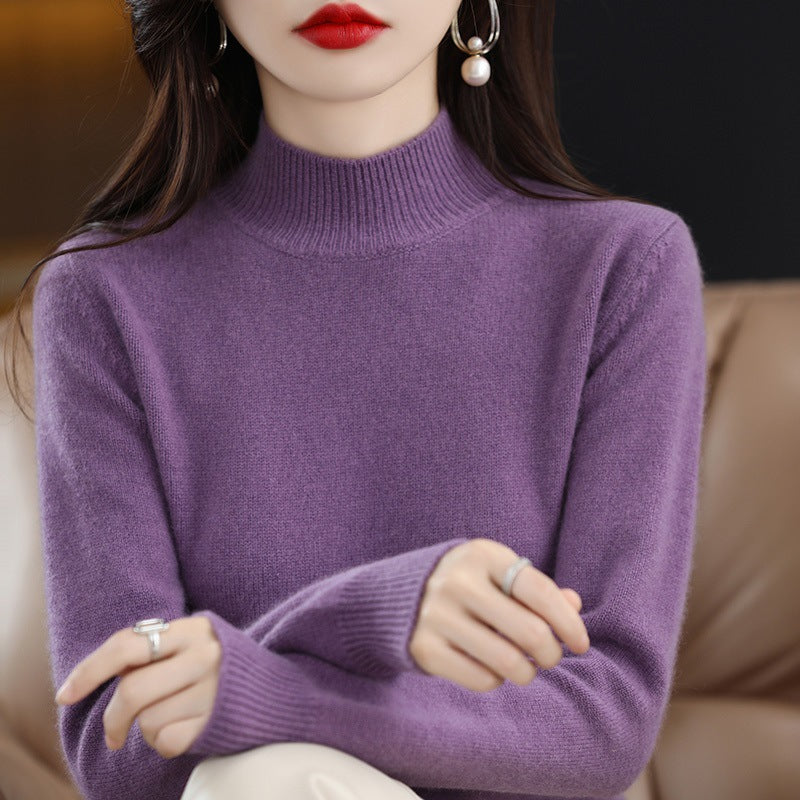 Women's wool pullover with stand-up collar and ribbed texture