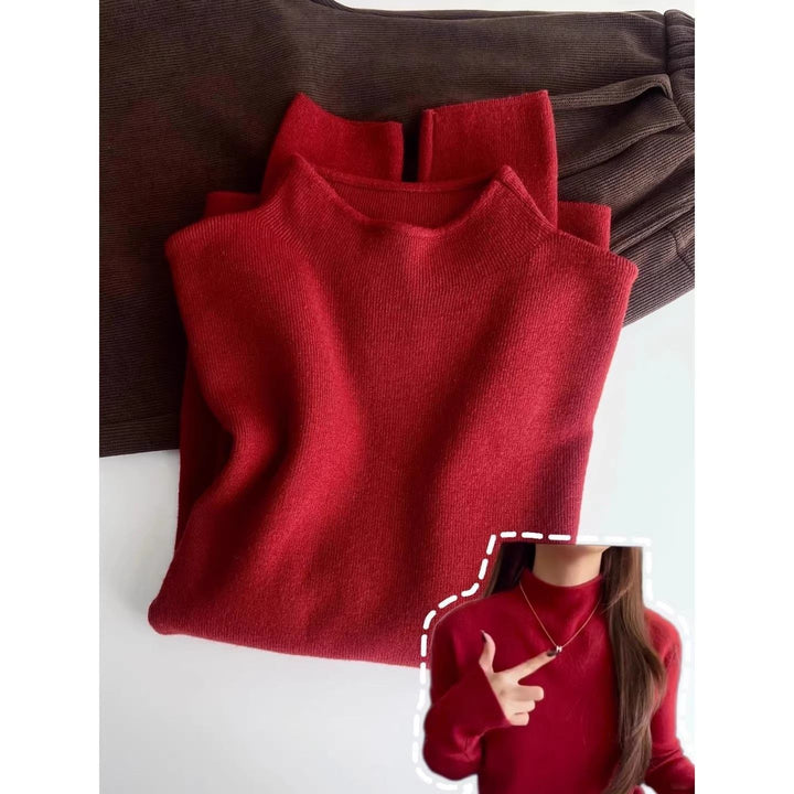 Women's knit sweater with stand-up collar, solid color