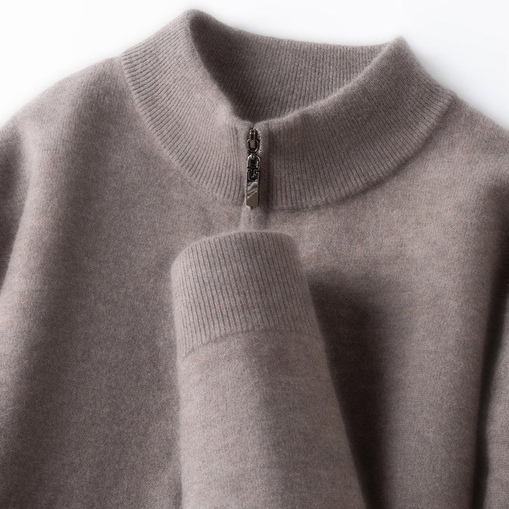 Men's wool pullover, 100% wool, zipper, stand-up collar