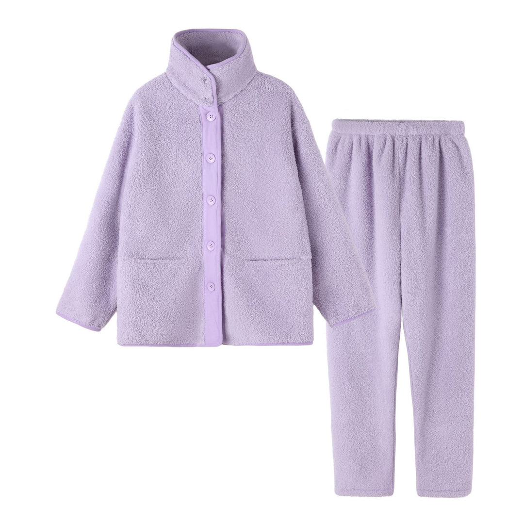 Warmer coral fleece pajama set with lapel for couples