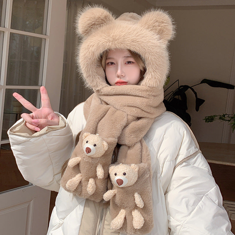 Plush set: Hooded scarf with bear design