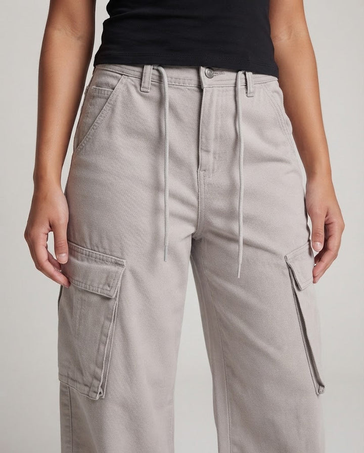 Women's Wide Cargo Palazzo Pants made of Soft Denim with Drawstring Waistband and Oversized Flap Pockets Amarae
