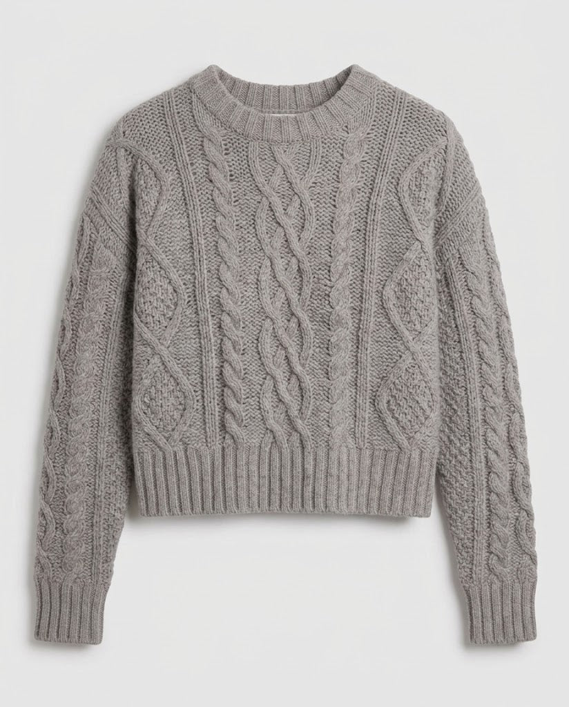 Women Cashmere-Effect Cable Knit Sweater with Cropped Hem and Voluminous Sleeves Amarae