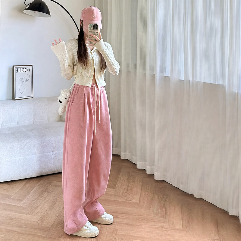 Cord Wide Trousers with High Waist, Lined