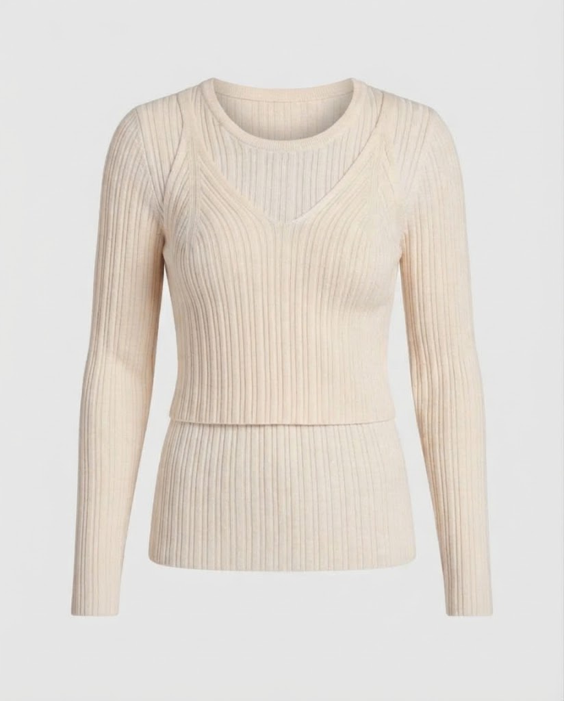 Women's layered look ribbed fine knit long sleeve with integrated spaghetti strap cami Amarae