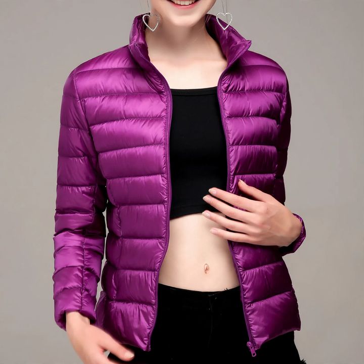 Women's padded jacket, short, fitted, with synthetic fiber filling
