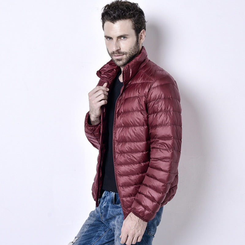 Light men's down jacket, stand-up collar, slim fit