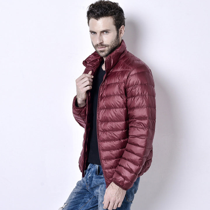 Light men's down jacket, stand-up collar, slim fit