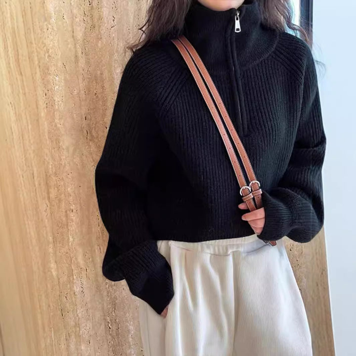 American retro knit sweater with half zipper