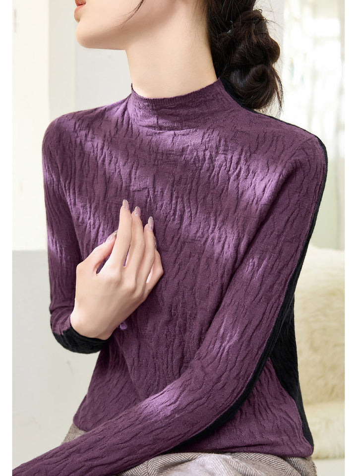 Women's knitted pullover with texture, standing collar, reversible