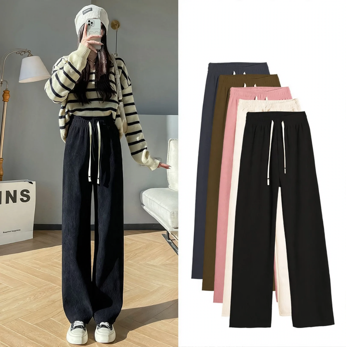 Padded cord wide pants with lamb fleece imitation