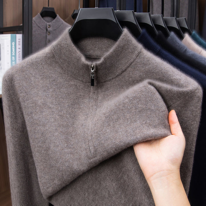 Men's wool pullover, 100% wool, zipper, stand-up collar