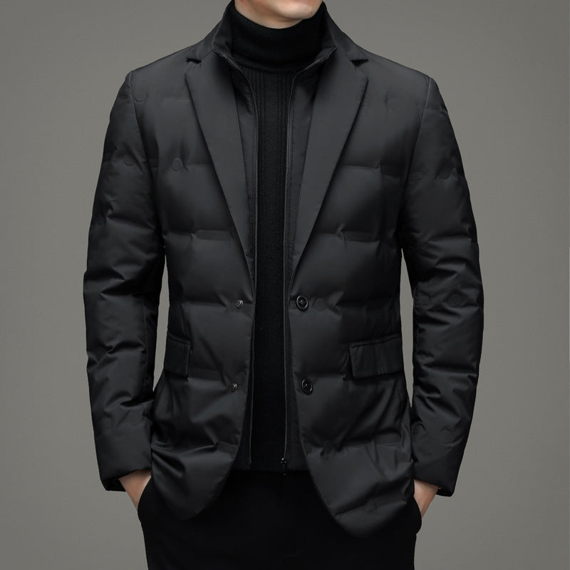 Men's down jacket, blazer style, detachable stand-up collar