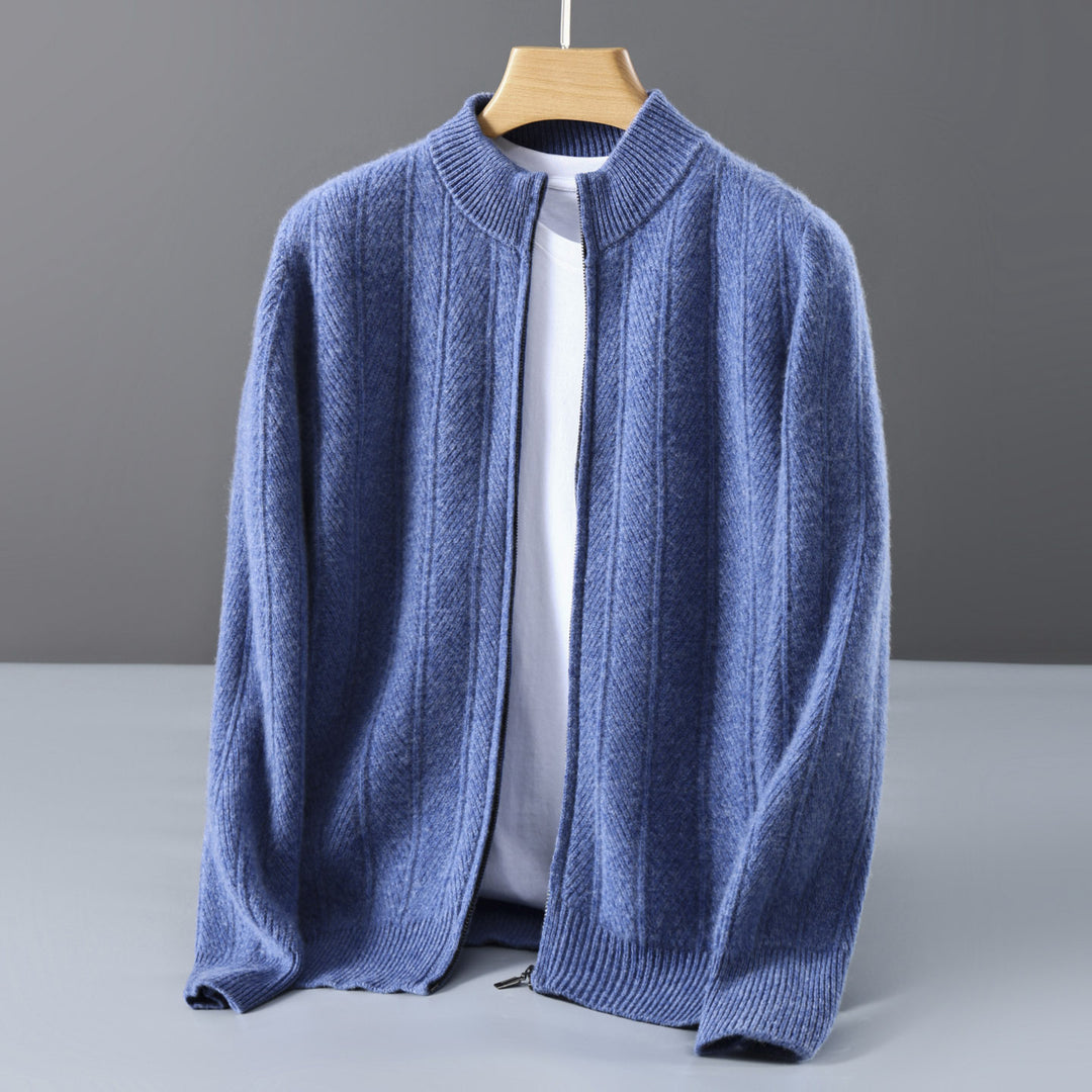 Men's wool cardigan, stand-up collar, zipper, jacquard pattern