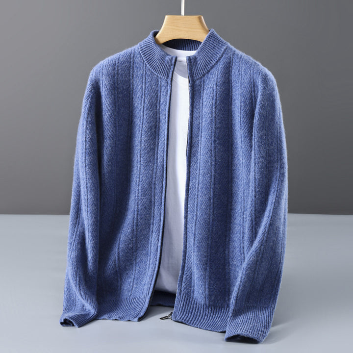 Men's wool cardigan, stand-up collar, zipper, jacquard pattern