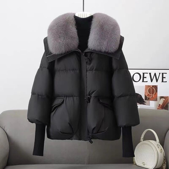 Short women's winter jacket with large lapel collar