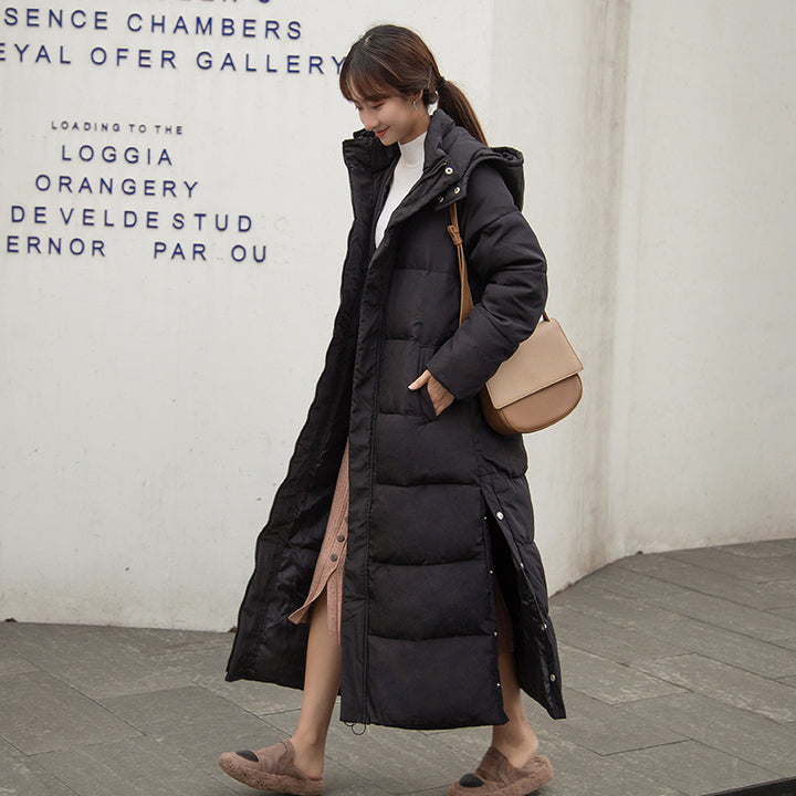 Long women's winter jacket with hood, lined