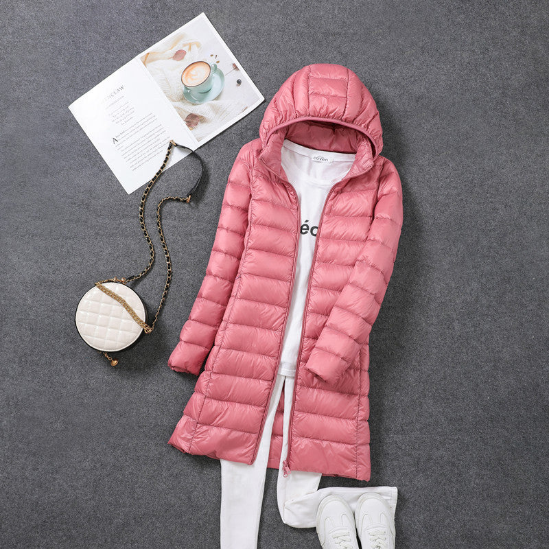 Women's down coat, mid-length, with removable hood