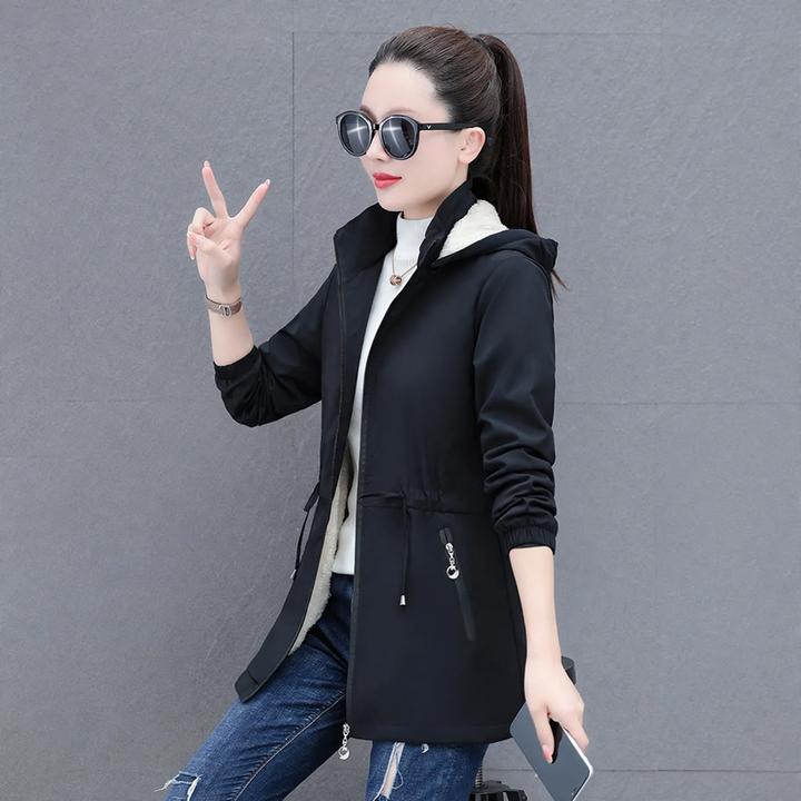 Ladies' hooded coat with lambskin lining, mid-length