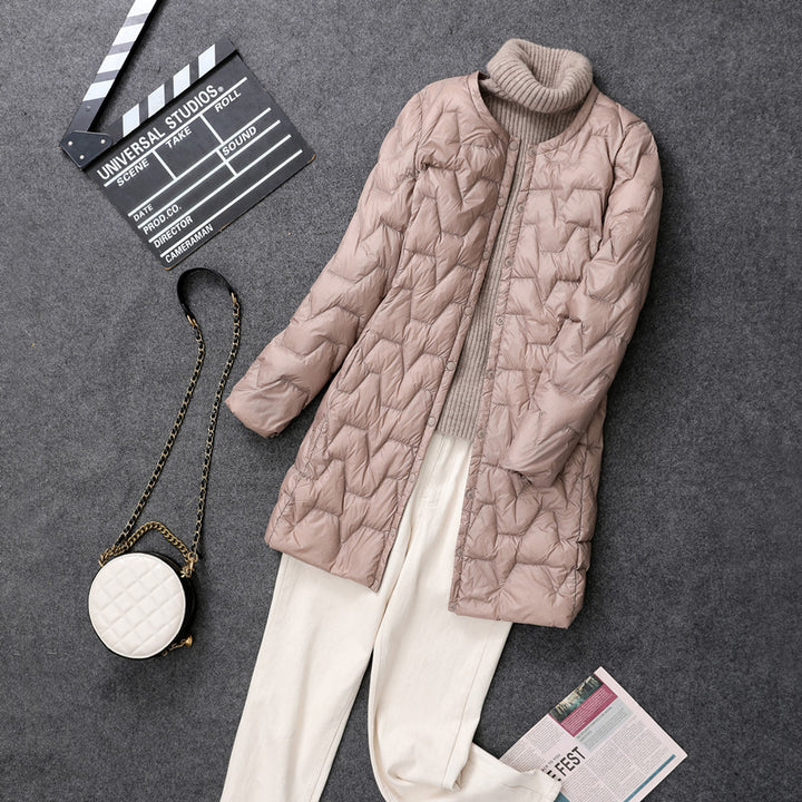Lightweight, mid-length down jacket, collarless