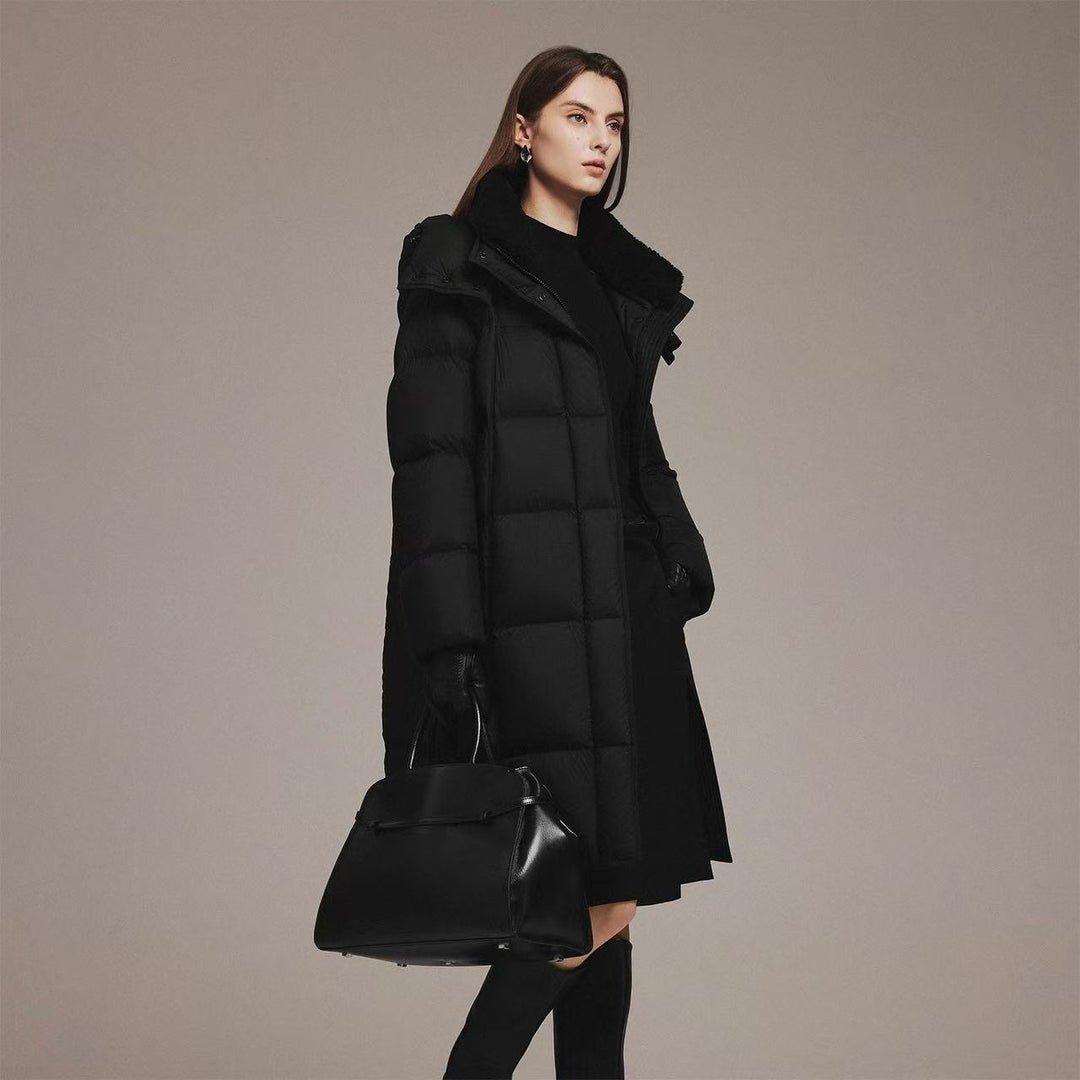 Long women's down coat with lambskin collar