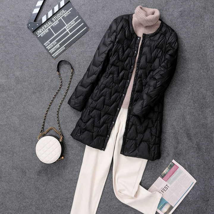 Light, mid-length down jacket, collarless
