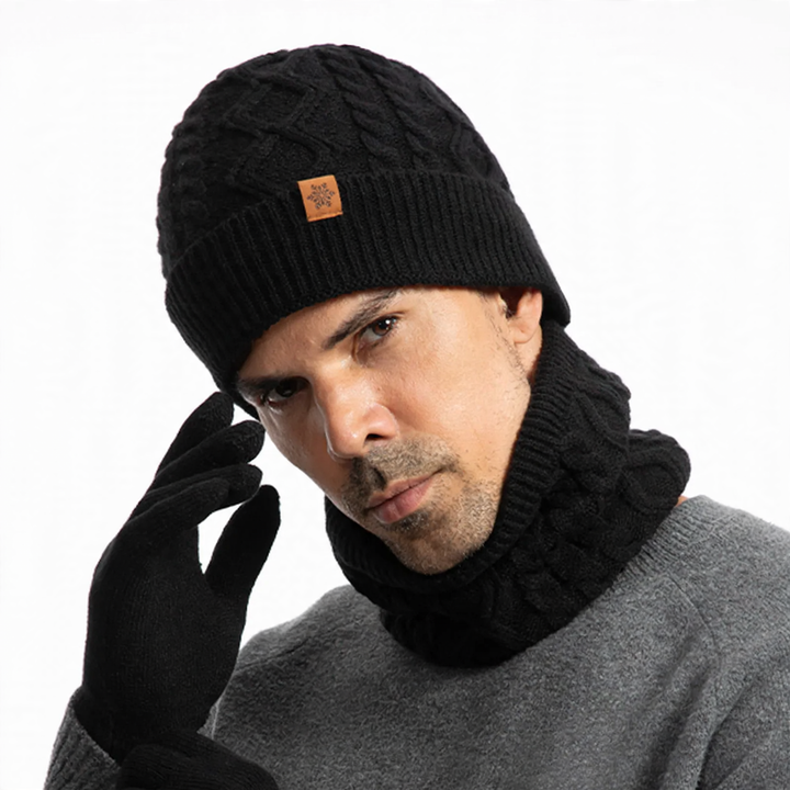 Knit set for men: beanie, scarf, and gloves