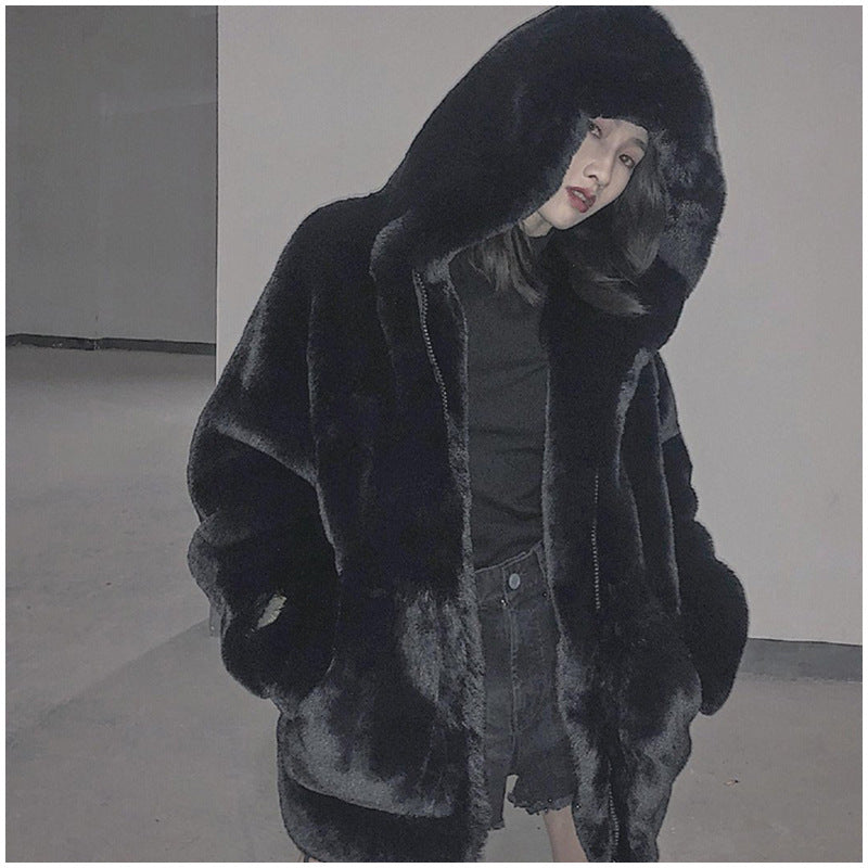 Loose faux fur coat with hood for women