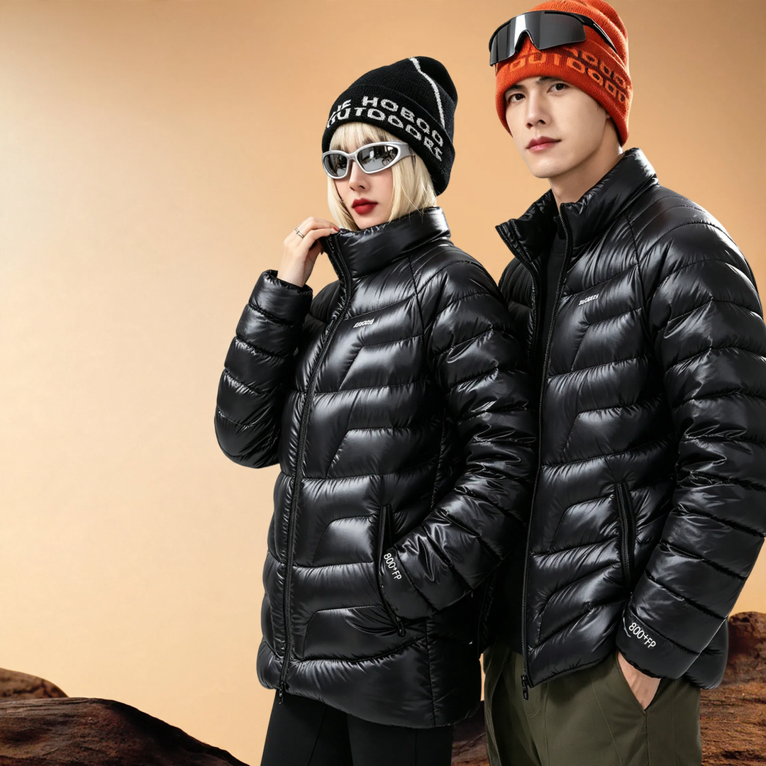 Long unisex down jacket with 95% white goose down filling