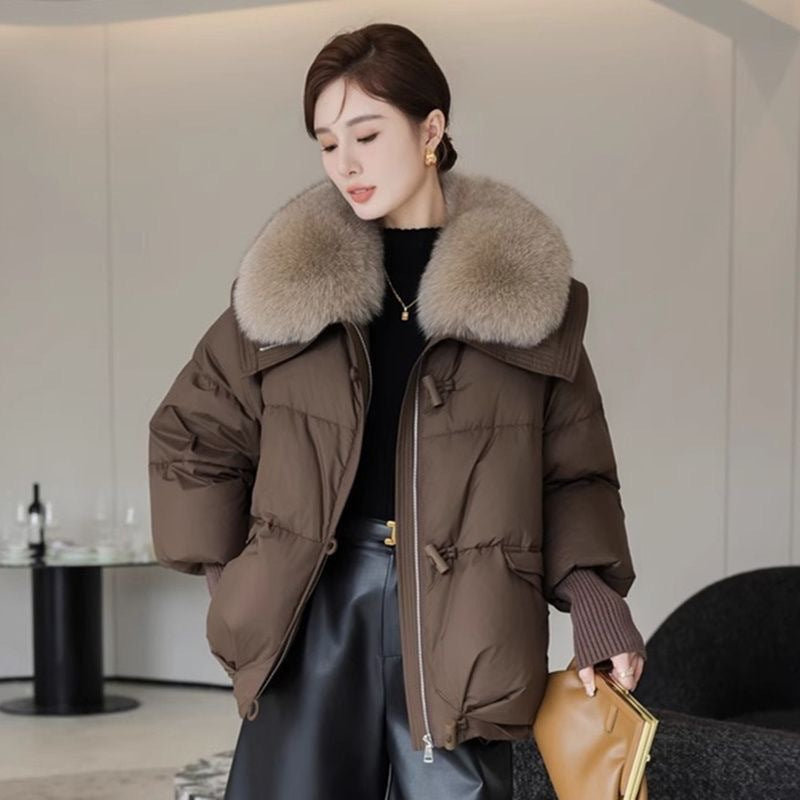 Short women's winter jacket with large lapel collar