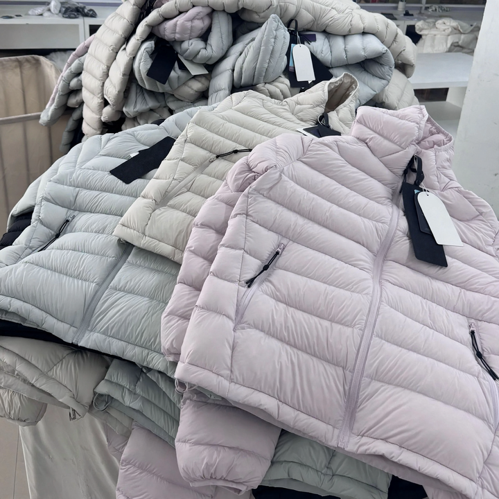 Women's down jacket with hood, quilted, warm