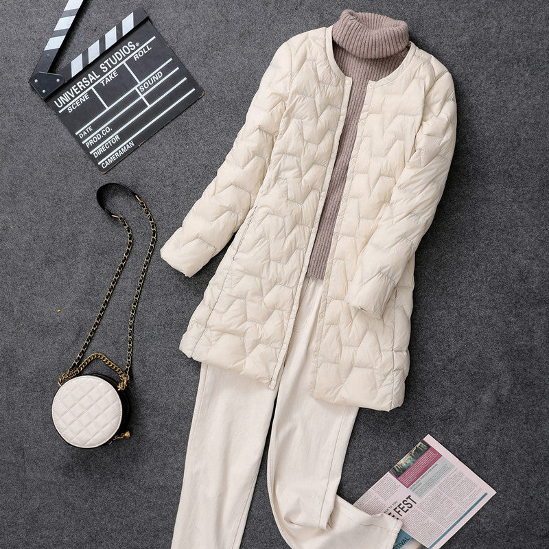 Light, mid-length down jacket, collarless