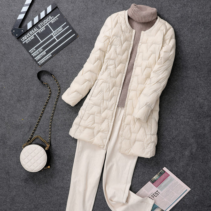 Light, mid-length down jacket, collarless