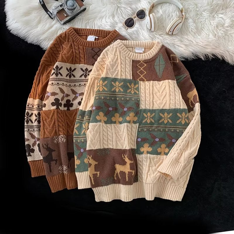 Retro knit sweater with contrast pattern