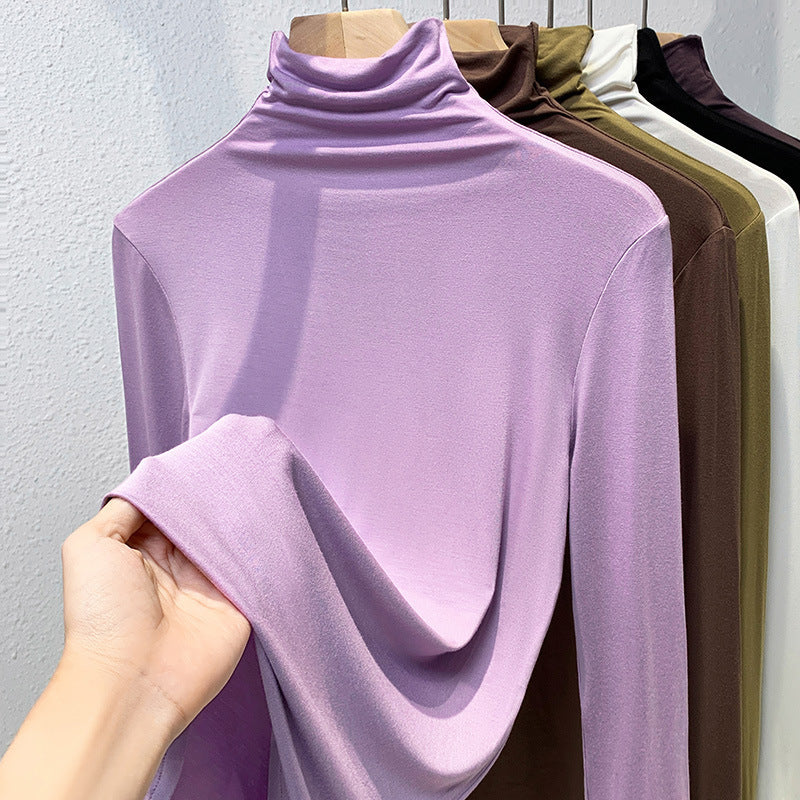 Ladies long sleeve shirt with stand-up collar and ribbed texture