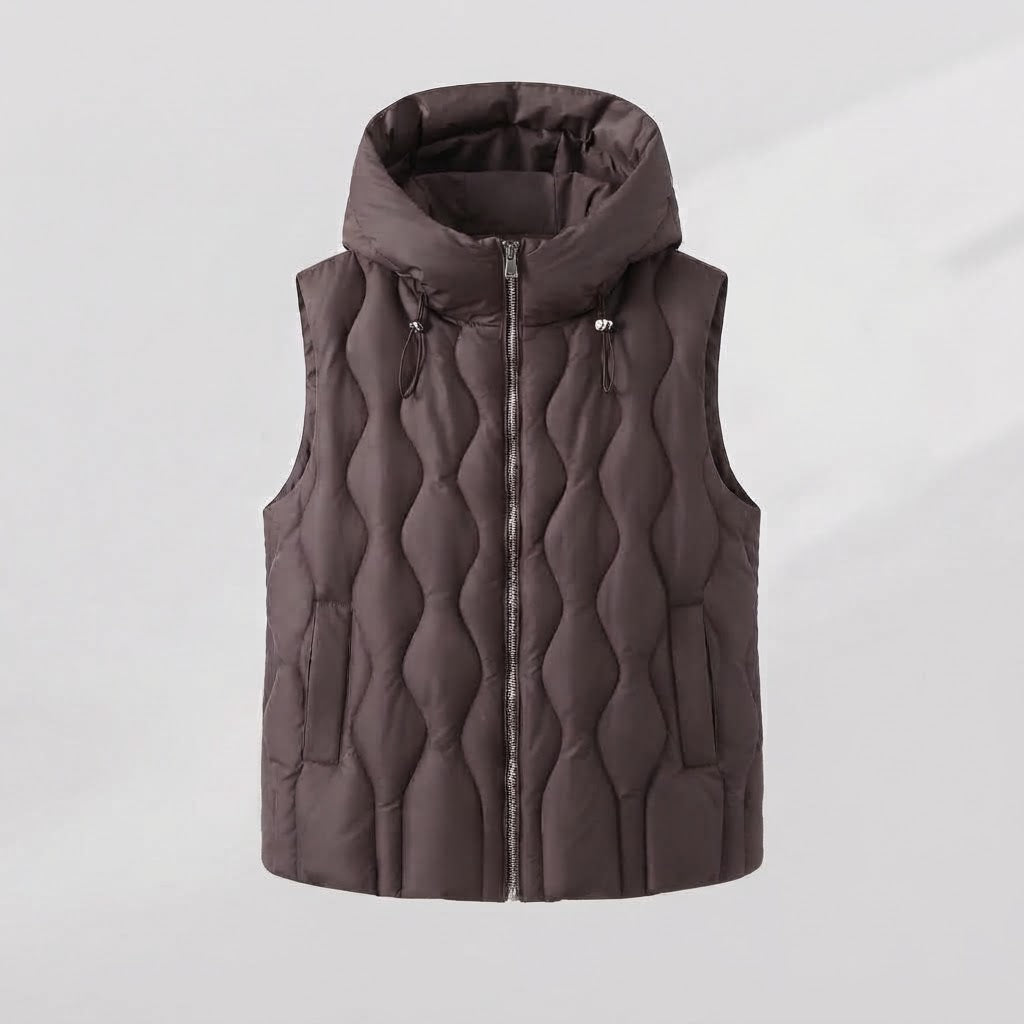 Women sleeveless quilted hooded vest with wave quilting and double zipper Amarae