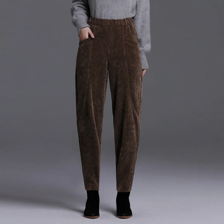 Women’s corduroy trousers, padded, high waist, carrot cut